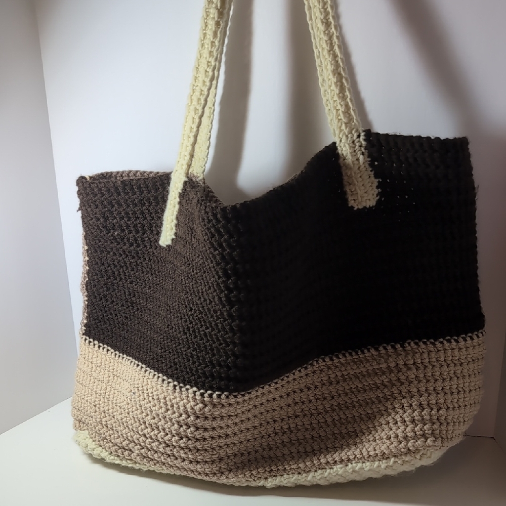 Stylish Brown and Cream Crochet Tote Bag